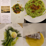  menù della Conviviale; insalata cotta e cruda di asparagi con animelle; risotto razza 77, asparagi e guanciale croccante; asparagi uovo, parmigiano, burro versato; torta di nocciole con zabaione caldo